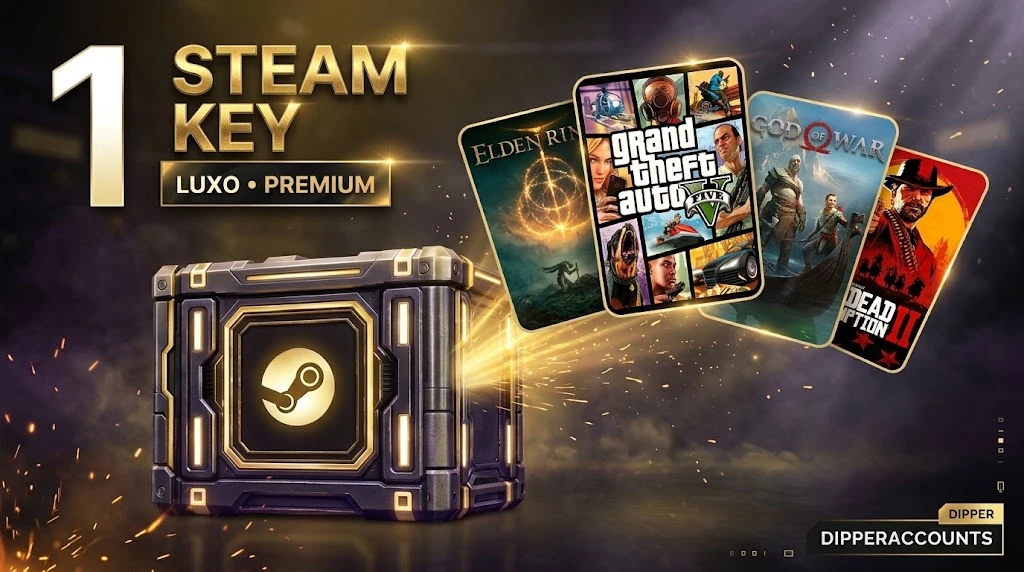 1 Steam Key Luxo Premium: caixa misteriosa dourada com jogos AAA